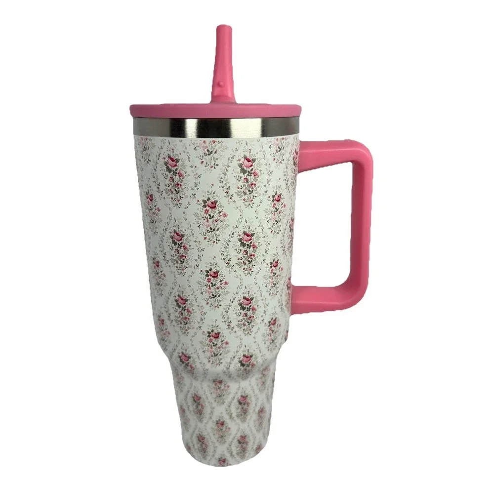 40oz Pink Floral Tumbler With Handle Straw Double Wall Stainless Steel Cup